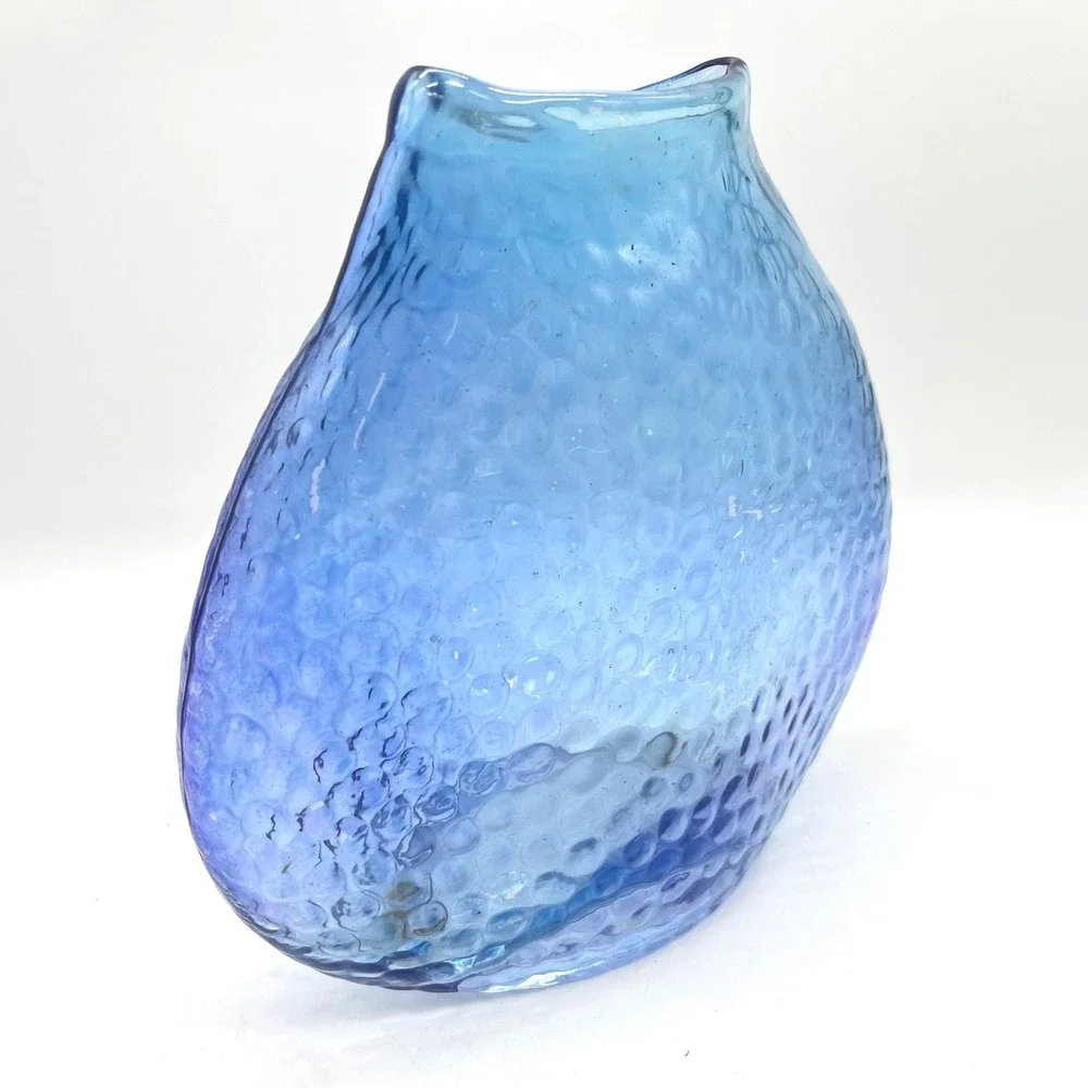 Hand Blown Blue Dimpled Art Glass Vase 7.5 Inch Hammered Texture